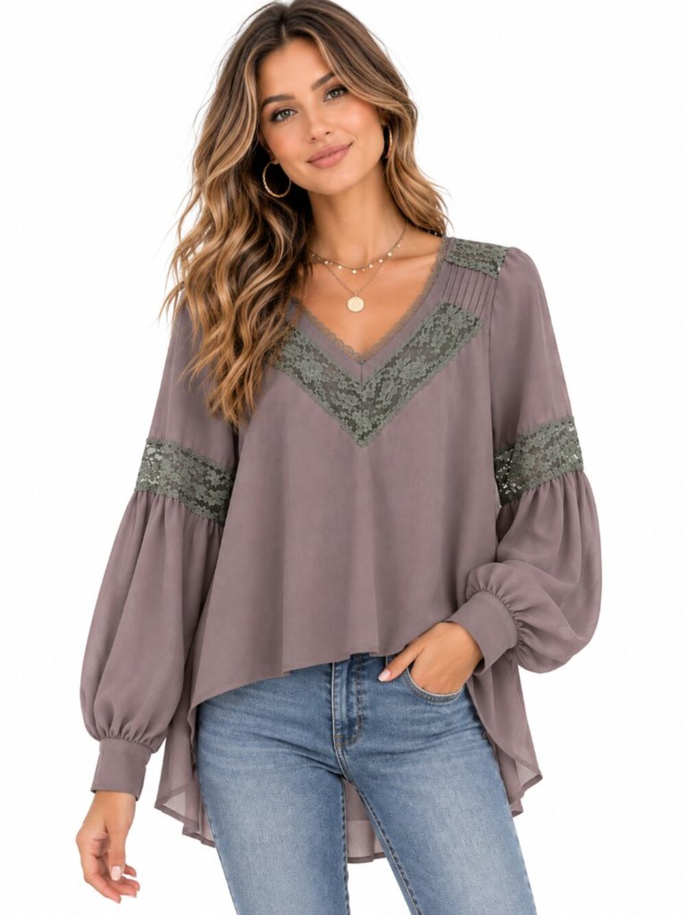 S line - Gray dressy blouse with lace, long sleeves with buttons